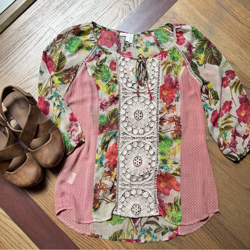 Anthropologie Meadow Rue Pink Floral Crochet-Front Peasant Top - Picture 2 of 7